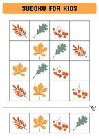 Sudoku game for kids with autumn leaves. Kids activity sheet. Educational game.Web vector