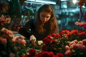 ai generado el niña es un vendedor en un flor tienda.fabrica un ramo de flores de rosas foto