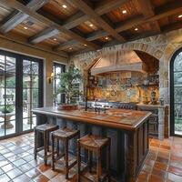 AI Generated Mediterranean-style kitchen with terracotta tiles and iron accents photo