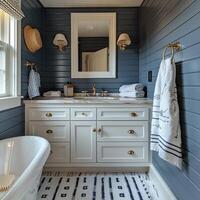 AI Generated Nautical-themed bathroom with navy stripes and brass fixtures photo