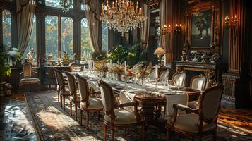 ai generado opulento comida habitación con un cristal candelabro y elegante mesa ajuste foto