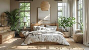 AI Generated Scandinavian-inspired bedroom with clean lines and a neutral color palette photo