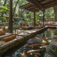 AI Generated Tranquil koi pond with a surrounding sitting area and lush landscaping photo