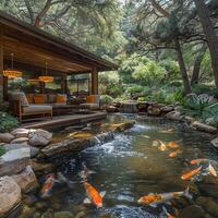 AI Generated Tranquil koi pond with a surrounding sitting area and lush landscaping photo