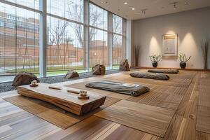 AI Generated Zen meditation room with tatami mats a low table photo