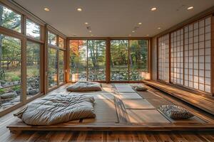 AI Generated Zen meditation room with tatami mats a low table photo