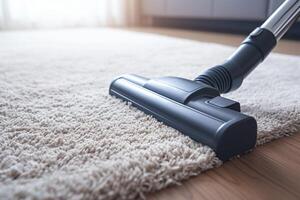 AI generated Smart vacuum technology Turbo brush cleans carpet leaving clean stripe photo