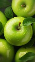 ai generado abundante manzana antecedentes maduro y jugoso verde manzanas desde encima vertical móvil fondo de pantalla foto