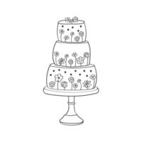 A three-tiered cake is decorated with colorful flowers on each tier, creating a beautiful and elegant design. The flowers are intricately placed and add a touch of sophistication to the cake vector