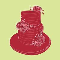 A two-tiered red cake adorned with delicate flowers on the top tier. The cake appears to be hand-painted with intricate designs and is set against a plain background vector