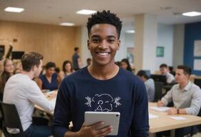 ai generado un alegre joven hombre sostiene un tableta en un ocupado salón de clases ajuste. su atractivo sonrisa sugiere confianza y afán. foto