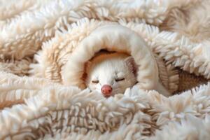 AI generated Cozy ferret sleeps peacefully in a soft sack surrounded by fluffy cream bedding photo