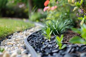 ai generado jardín con el plastico cenefa presentando plantas, flores, mantillo, piedras, y césped fronteras foto