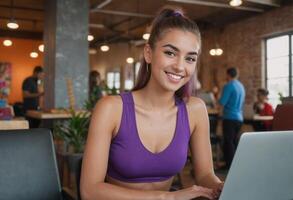 AI Generated Active young woman working on laptop in cafe. Casual environment with vibrant interior and co-workers. photo