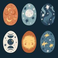 mano dibujado Pascua de Resurrección conjunto resumen huevos con luna, sol, estrellas. vector ilustración.