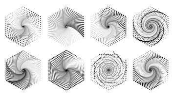 Halftone circular patterns icons. Hexagonal configuration composed of circle halftonepattern. vector