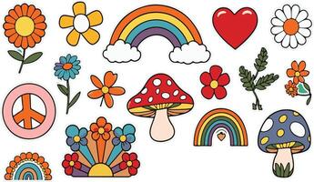 un conjunto de hipster retro arco iris psicodélico elementos un colección de maravilloso clipart desde el 70s vector