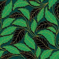 Floral seamless pattern with stylized branches and leaves. Curved lines Branches Leaves. Green Gold colors and black background. vector