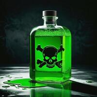 ai generado peligroso vibrante verde líquido derrames, reflejando cráneo y tibias cruzadas advertencia símbolo grabado en el vaso envase foto