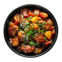 AI generated Moroccan Tagine. Spicy chicken with bell peppers and olives in a savory stew on transparent background - stock png. png