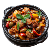 ai generato marocchino tagine. infuso di erbe pollo stufato con colorato verdure e olive su trasparente sfondo - azione png. png