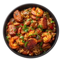 ai généré d'inspiration cajun crevette et saucisse Jambalaya avec riz et des légumes sur transparent Contexte - Stock png. png