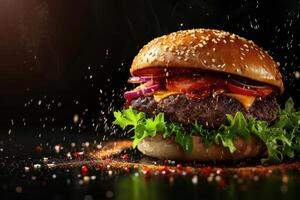 AI generated Autumn food concept. Creative burger on black background. Cover. photo