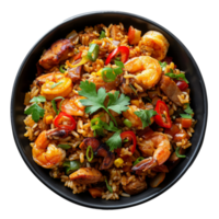 AI generated Cajun-inspired shrimp and sausage jambalaya with rice and vegetables on transparent background - stock png. png