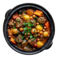 AI generated Moroccan Tagine. Spicy chicken with bell peppers and olives in a savory stew on transparent background - stock png. png