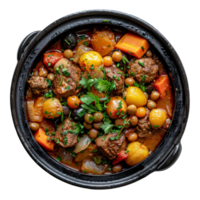 ai generato marocchino tagine. speziato pollo con campana peperoni e olive nel un' salato stufato su trasparente sfondo - azione png. png