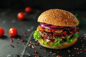 AI generated Autumn food concept. Creative burger on black background. Cover. photo