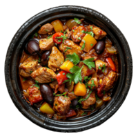 ai generato marocchino tagine. speziato pollo con campana peperoni e olive nel un' salato stufato su trasparente sfondo - azione png. png