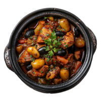 AI generated Moroccan Tagine. Herb-infused chicken stew with colorful vegetables and olives on transparent background - stock png. png