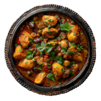 ai generato marocchino tagine. speziato pollo con campana peperoni e olive nel un' salato stufato su trasparente sfondo - azione png. png