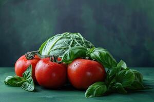 AI generated Still life composition  young cabbage  basil  and tomato arranged on a green background photo