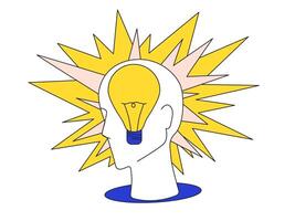 New idea generation. Creative mind. Brainstorm, intuition, knowledge, wisdom concept. Human head with bright bulb lamp inside. Abstract flat vector illustration on white background