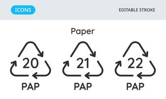 Paper recycling codes icons. Triangular environmental symbols of materials. Set of elements on a white background. Editable stroke. vector