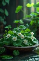 AI generated Small bowl of watercress. A green leafs growing on a wooden plate photo