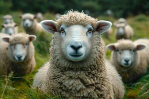 AI generated Sheep stares at the camera with other sheep in the background photo