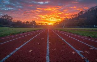 ai generado pista y campo a puesta de sol. un puesta de sol en un pista a nittany leones fútbol americano estadio foto