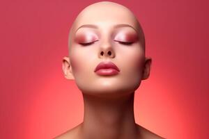 AI generated A hairless naked woman her eyes closed after chemotherapy with pink eye shadows . World cancer day. A close up bald model. Pink background. Copy space. photo