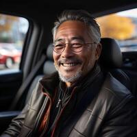 ai generado asiático hombre 40 o 50 años antiguo en lentes sentado en el coche en el estacionamiento y sonriente, vistiendo casual atuendo chaqueta. Copiar espacio foto