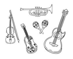 garabatear conjunto de mariachiano musical instrumentos vector negro contorno dibujos en blanco antecedentes. ideal para decoración, colorante páginas, pegatinas, tatuaje, modelo