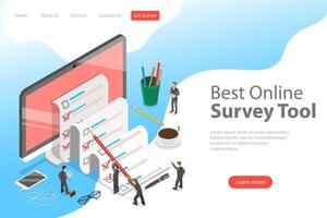 Flat isometric vector concept of online survey tool, customer review.