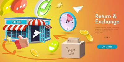 3D Vector Conceptual Illustration of Product Exchange and Return Policy.