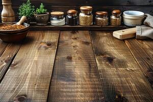 AI generated Wooden Table With Jars of Food photo