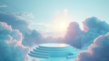AI generated Abstract 3D podium design in blue and pink with cloud motifs. The scene is for prodact presentation. Generated by artificial intelligence. photo