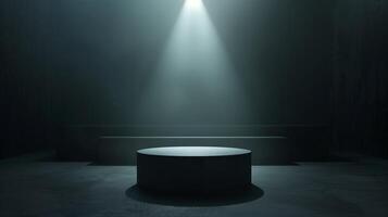 AI generated Dark background with a soft spotligth en the center, a minimalist podium in the center, front side view. Generated by artificial intelligence. photo