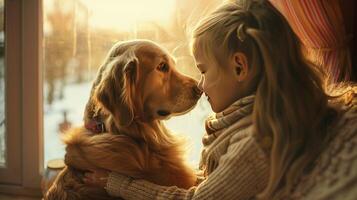 AI generated A young child girl stay home with her animal dog best friend pet. photo