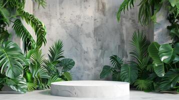 AI generated Contemporary podium stage for e-comerse. Front view with green stone and tropical leaves background. Generated by artificial intelligence. photo
